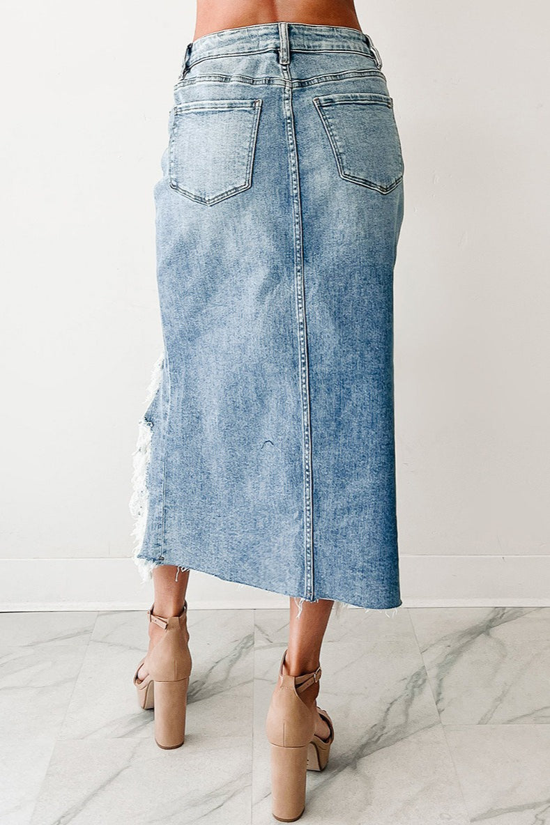Asymmetrical Distressed Denim High-waisted Skirt