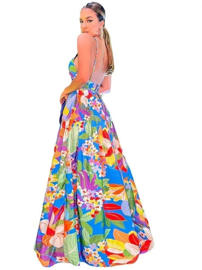 Color Flower Print Spaghetti Strap Evening Dresses Temperament V-neck Backless Beach Vacation Party Long Dress Female