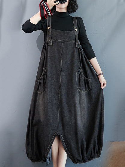 Simple Denim Buttoned Overalls&dress
