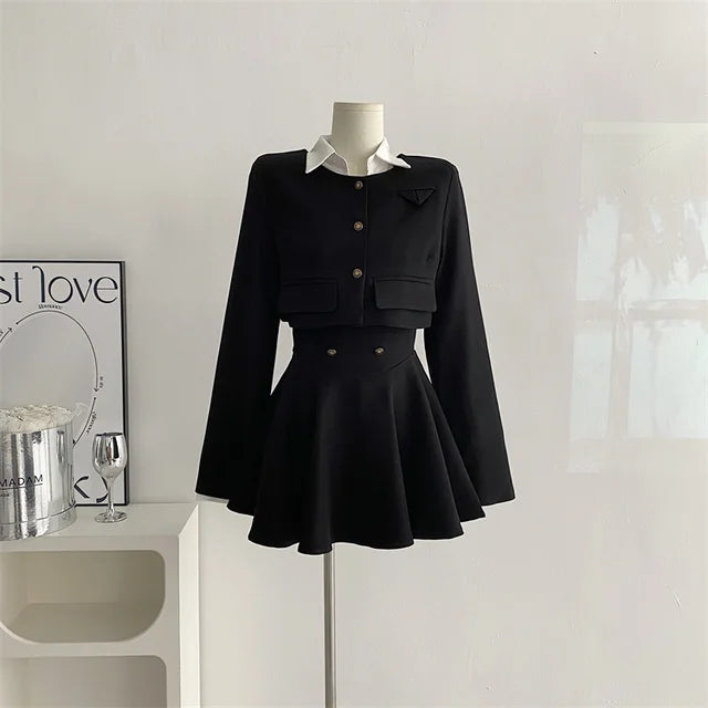 Y2k 3 Piece Set Cropped Coat + Long Sleeve Shirt + High Waist Halter Ruffles Mini Dress Korean Outfits