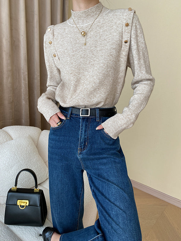 Grey High-neck Buttoned Decor Long Sleeve Knit Sweater An1050