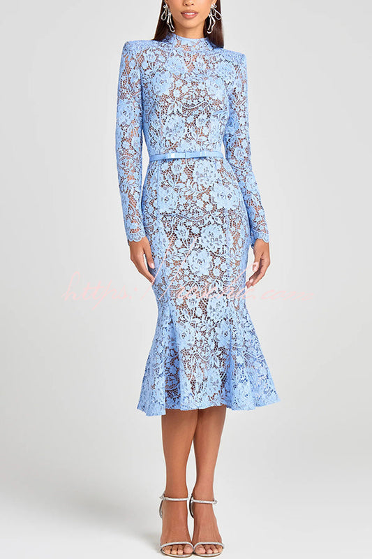 Feminine and Flower Lace Long Sleeve Bow Belted Flare Midi Dress