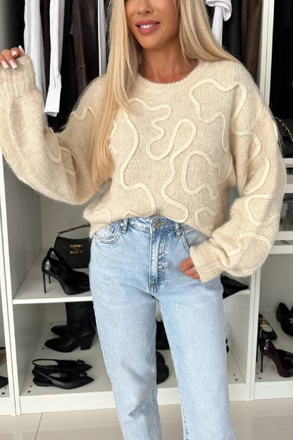 Mood Knit Contrast Color Sewing Line Pattern Loose Sweater