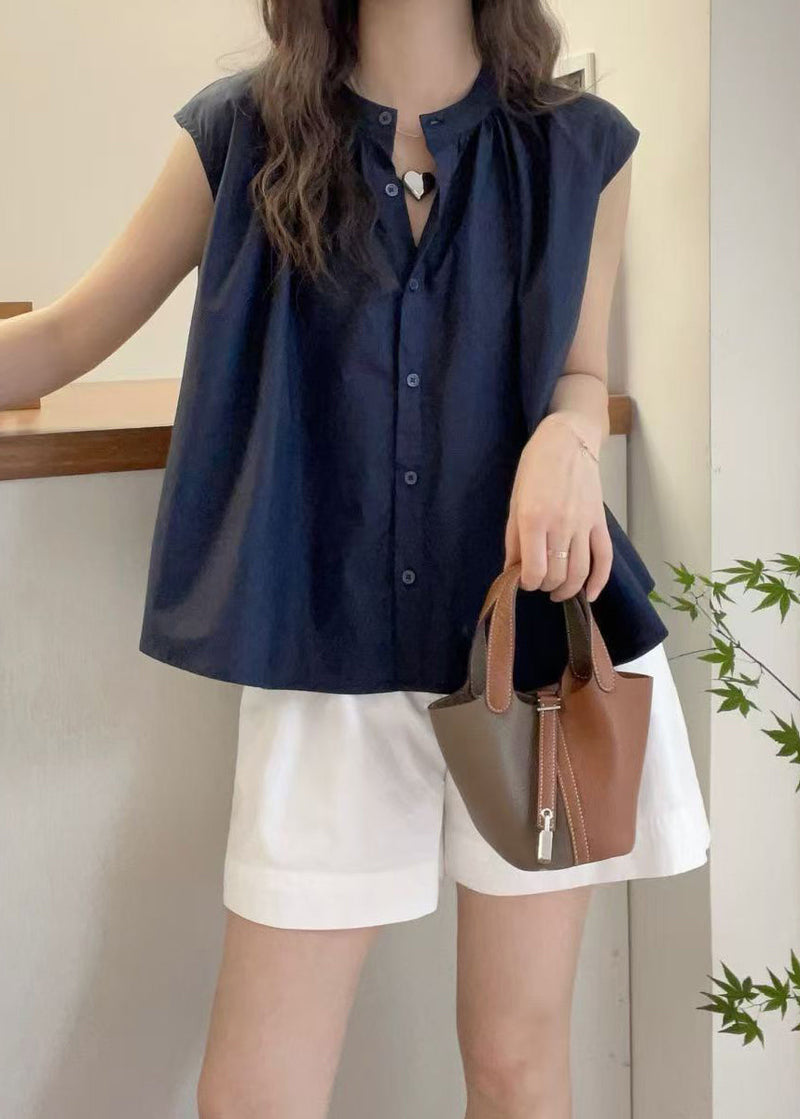 Red O Neck Button Cotton Blouses Sleeveless Qp063