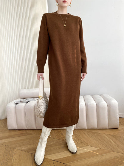 Urban Loose Long Sleeves Color Round-neck Sweater Dresses