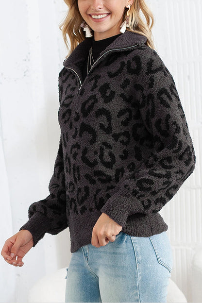 Animal Print Zipped Collared Sweater