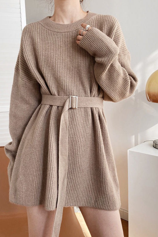French Style Tie-waist Knit Mini Dress