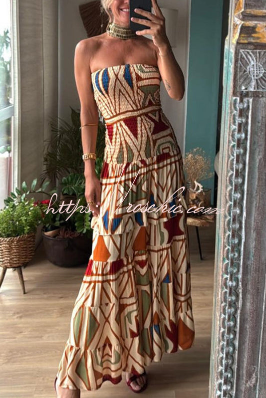 Style Unique Print Tube Top Pleated Maxi Dress