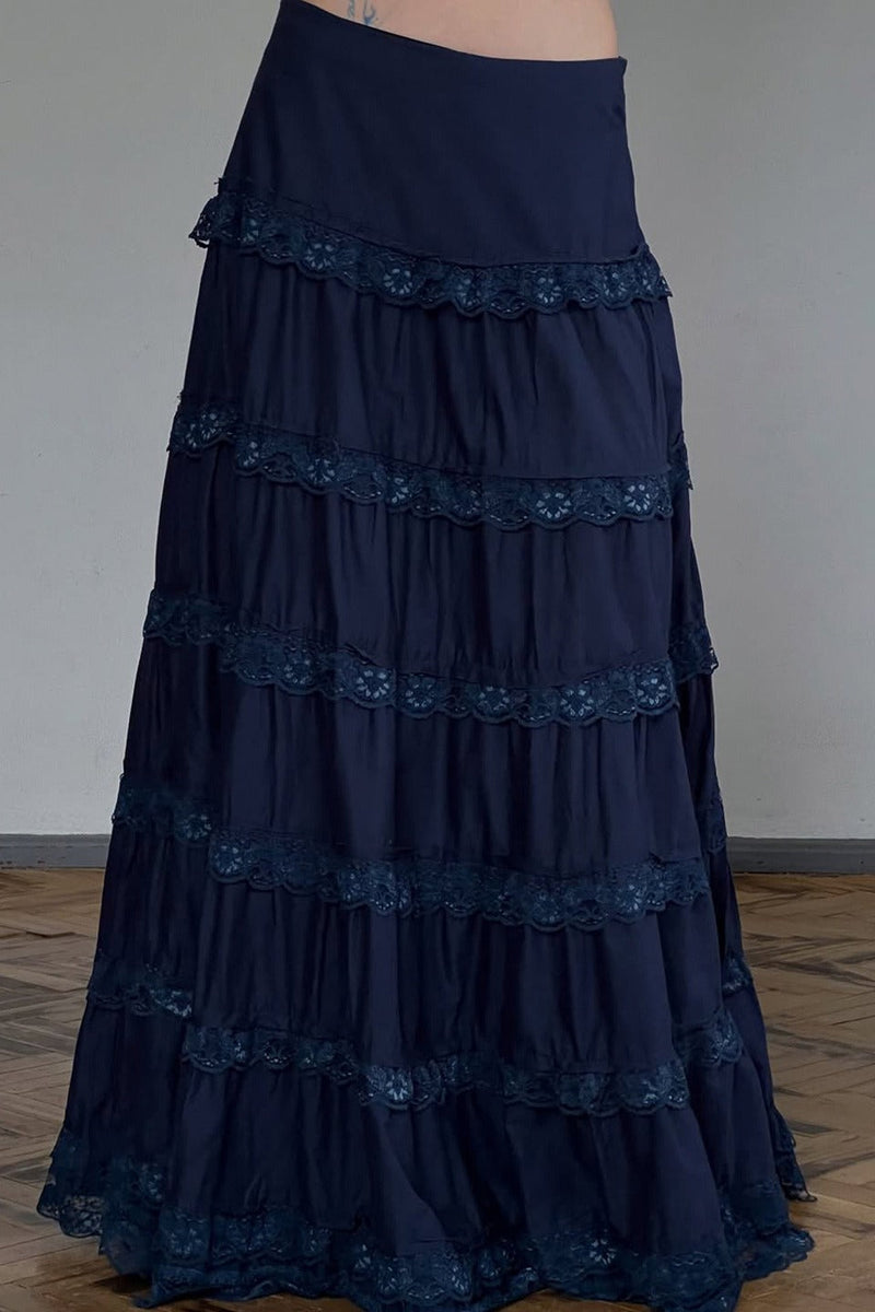 Lace Trimmed Tiered Midi Skirt
