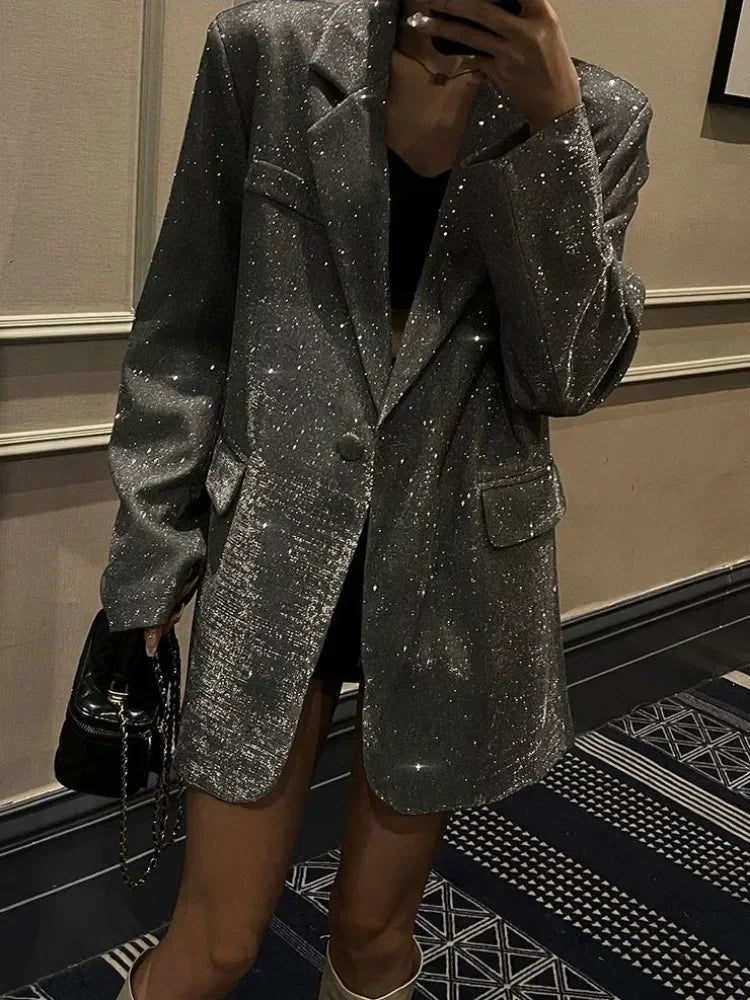 Sequin Glitter Lapel Suit Outwear for – Long Sleeve Coat