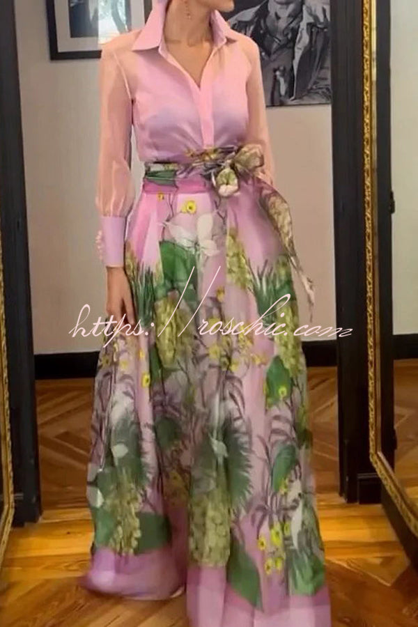 Seeds of Happiness Tulle Print Elastic Waist Belt Pocketed Maxi Skirt
