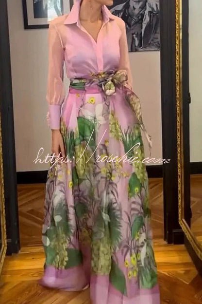 Seeds of Happiness Tulle Print Elastic Waist Belt Pocketed Maxi Skirt