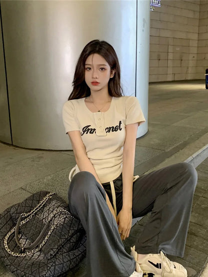 T-shirts Y2k Tops Drawstring Summer Graphic Knitting Harajuku Korean Letter Short Sleeve Aesthetic Clothing
