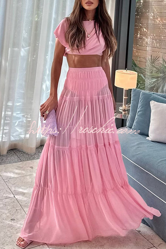 Chiffon Elastic Waist Layered A-line Maxi Skirt