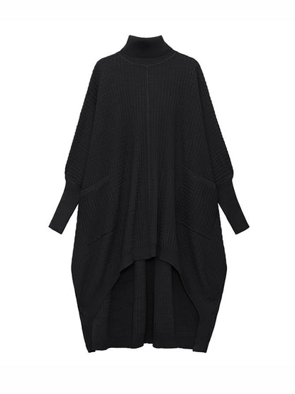 Batwing Sleeves High-low Pockets Color High-neck Midi Dresses Sweater Dresses
