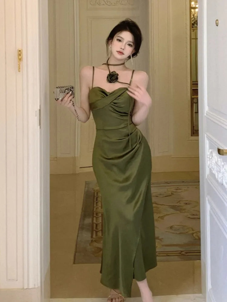 Satin Midi Dress Spaghetti Strap Bodycon 3d Flower High Waist Slim Evening Party One Piece Lady Vestidos