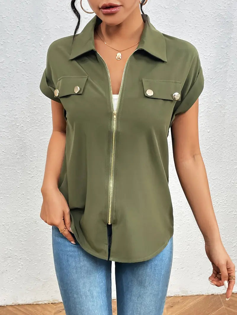 Safira - Zip-front Short Sleeve Blouse