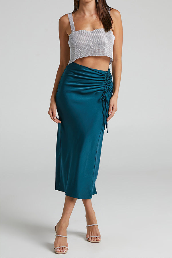 High-waist Slimming Zip-ruched Satin Skirt