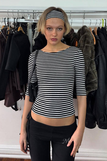 Color Block Stripe Jacquard Fitted Knit Blouse