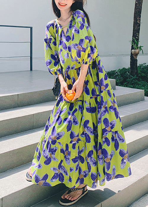 Stylish Green Print Patchwork Chiffon Long Dresses Half Sleeve Qp037