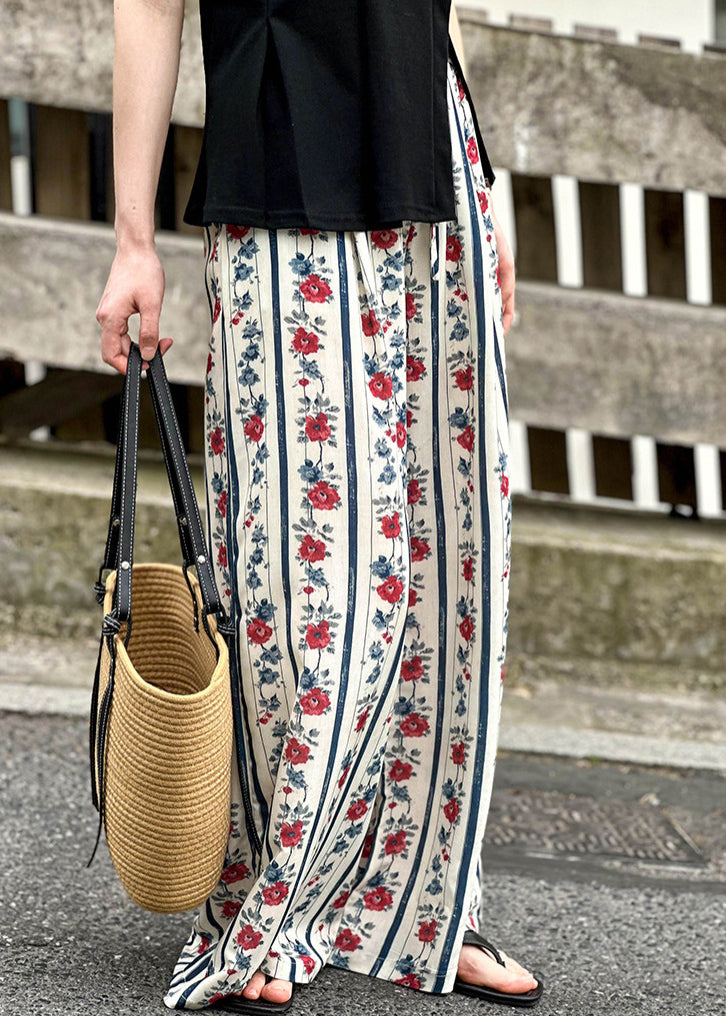 Loose Print Pockets Elastic Waist Wide Leg Pants Summer Af1052