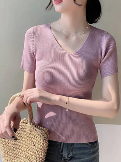 Tee Tops for V-neck Short Sleeve T-shirt Woman Slim Color T Shirts