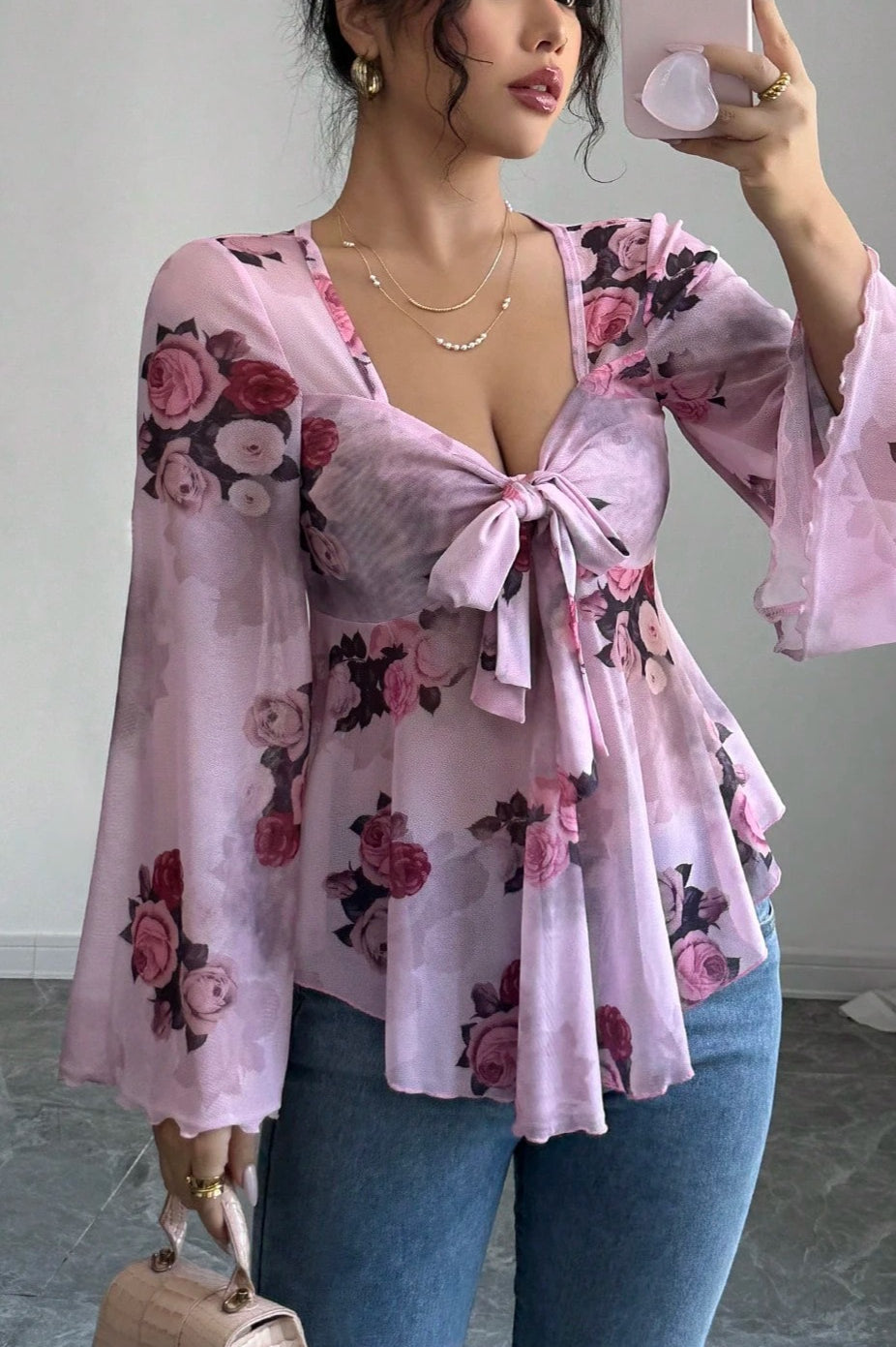 Tie Dye Square Neck Tie Long Sleeve Blouse