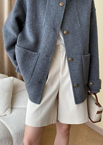 Wool-blend Buttoned Coat With Stand Collar