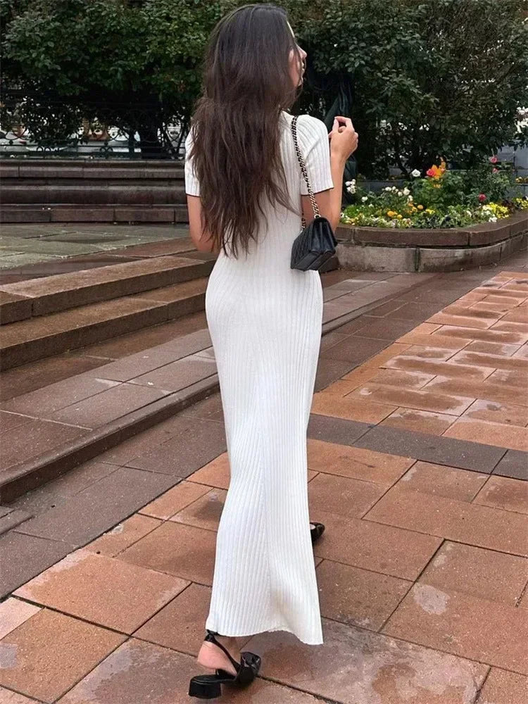 White Knit Maxi Dress for Short Sleeve Patchwork Party Dress Lapel High Waist Knitwear ’s Dress
