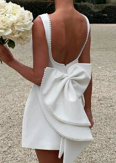 Pearl-trimmed Bow Back Mini Dress - Elegance