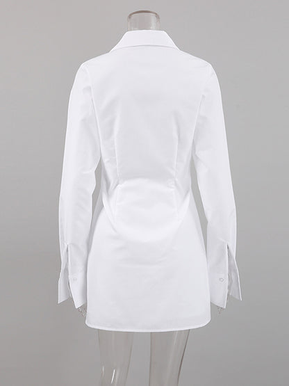 High Waisted Long Sleeves Buckle Color Split-front Lapel Mini Dresses