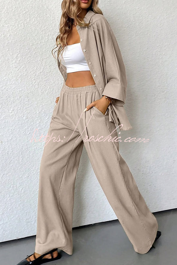 Color Loose Shirt and Elastic Waist Pocket Wide Leg Pants Set