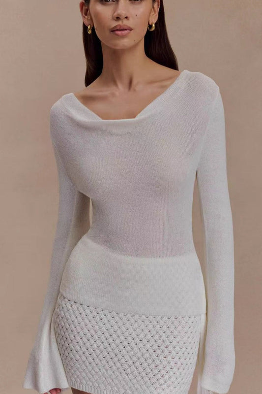 Slim-fit Waist-cinched Lace-knit U-neck Sweater