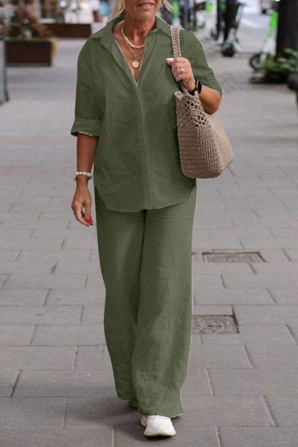 Color Long-sleeved Shirt and Elastic Waisted Loose Wide-leg Pants Set