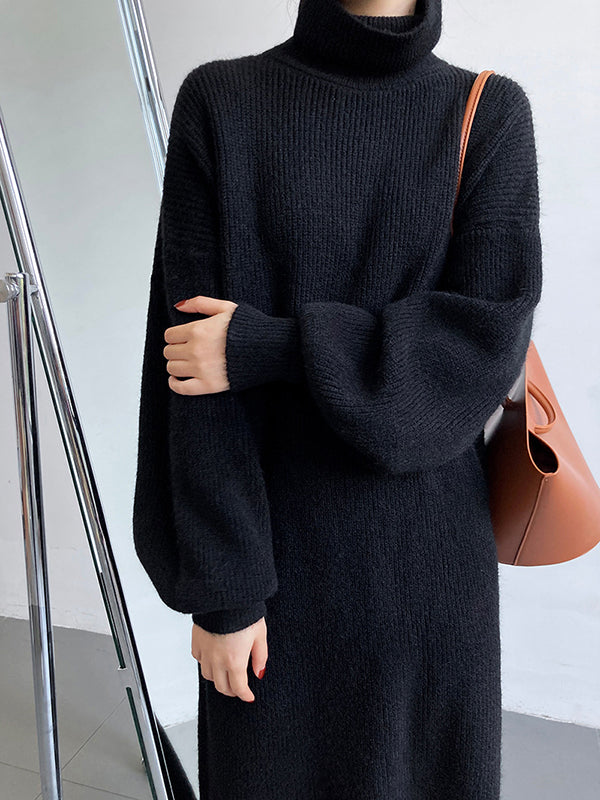 Urban Loose Purple High-neck Long Puff Sleeve Sweater Dress An1052