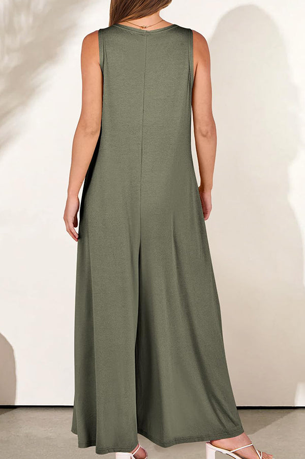 Color V-neck Sleeveless Loose Pocket Wide-leg Jumpsuit