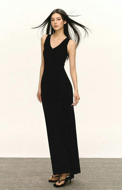 V-neck Button Detail Maxi Dress