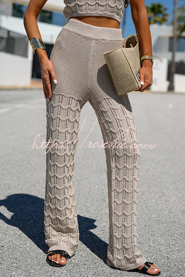 Color Hollow Sleeveless Round Neck Knitted Vest and Stretch Straight Pants Set