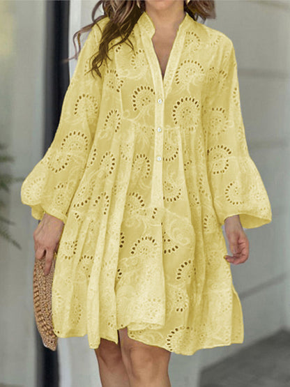 A-line Flared Sleeves Buttoned Hollow Color Split-joint V-neck Mini Dresses