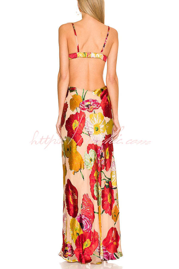 Hawaiian Dreams Satin Print Cutout Backless Maxi Dress