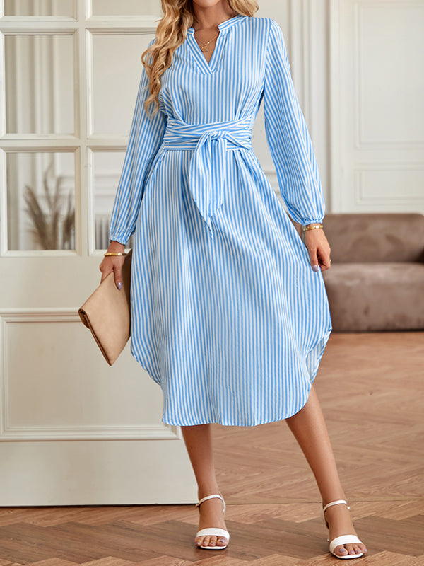 A-line Long Sleeves Striped Tied Waist V-neck Midi Dresses Shirt Dress