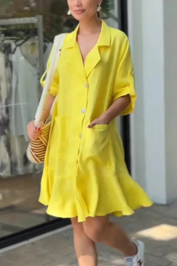 Color Lapel Pocket Ruffle Loose Mini Dress