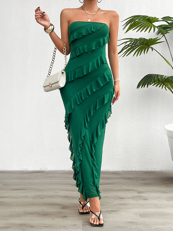 Bodycon High Waisted Ruffle Trim Color Split-back Split-joint Tube Maxi Dresses