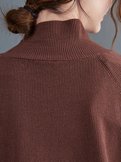 Long Sleeves Loose Split-joint Jacquard High-neck Sweater Dresses