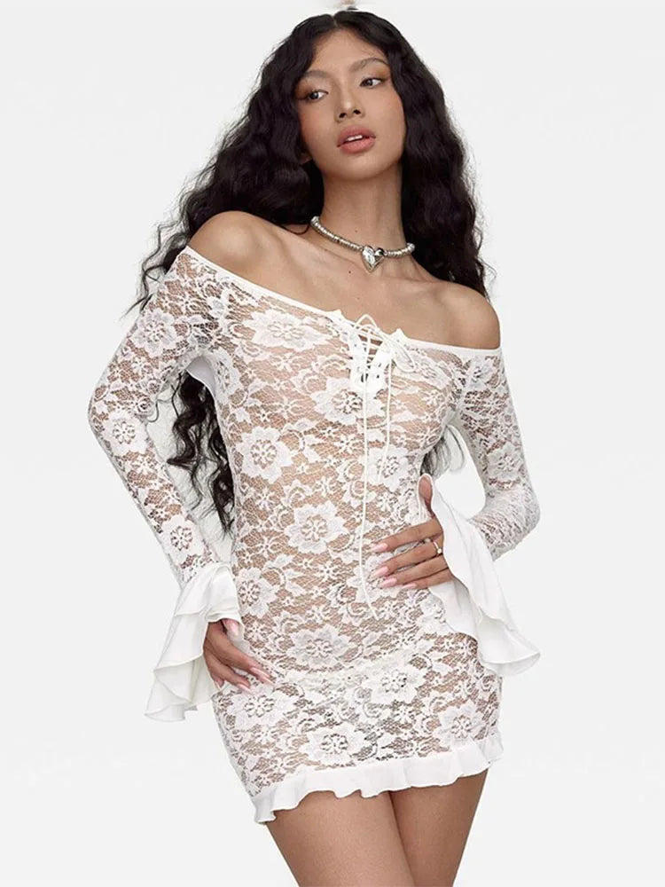 Ruffle Lace Dress for Off Shoulder Bandage See Through Mini Dresses Summer Beach Backless Holiday Dress Woman