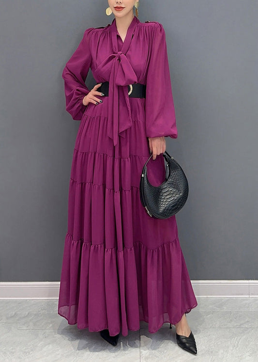Purple V Neck Patchwork Party Chiffon Long Dress Fall Ao1040