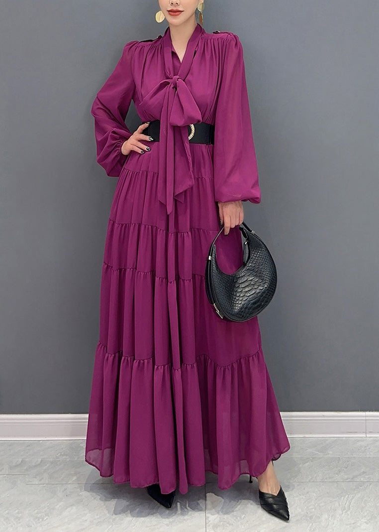 Purple V Neck Patchwork Party Chiffon Long Dress Fall Ao1040