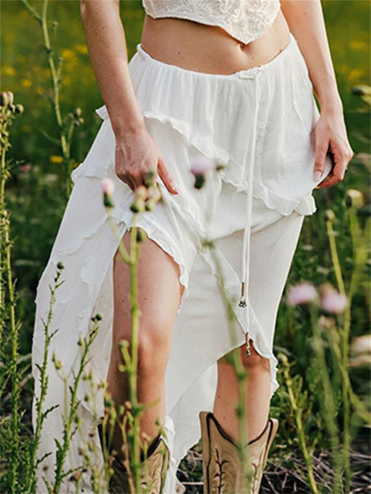 White Ruffled Patchwork Long Skirt See-through for Split Summer Beach Holiday Maxi Skirt ’s Y2k Skirt