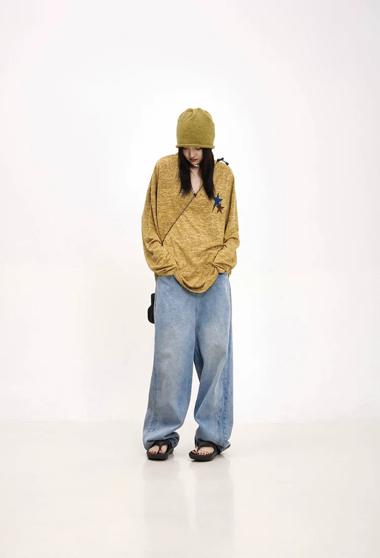 Mustard Yellow Knit Sweater With Star Patch
