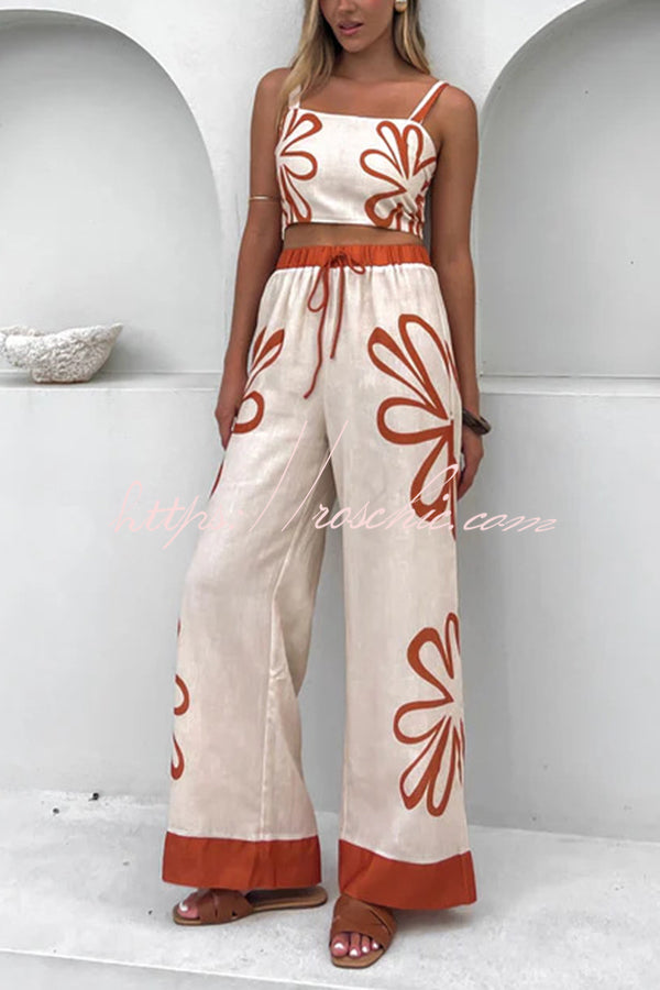 Print Suspender Back Pleated Top and Elastic Waist Drawstring Pants Set